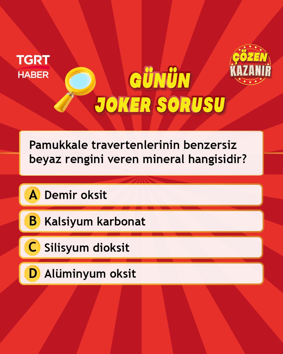 İşte Çözen Kazanır’da ödülleri kazandıracak günün sorusu!

Birinciye “Evinizin havasını değiştirecek Gümüşsuyu Halı’dan 5000 TL’lik hediye çeki”, ikinciye 2.000 TL, üçüncüye ise 1.000 TL nakit para ödülü.

Çözen Kazanır hafta içi her gün saat 21.00’de TGRT Haber'de.

#işbirligi
