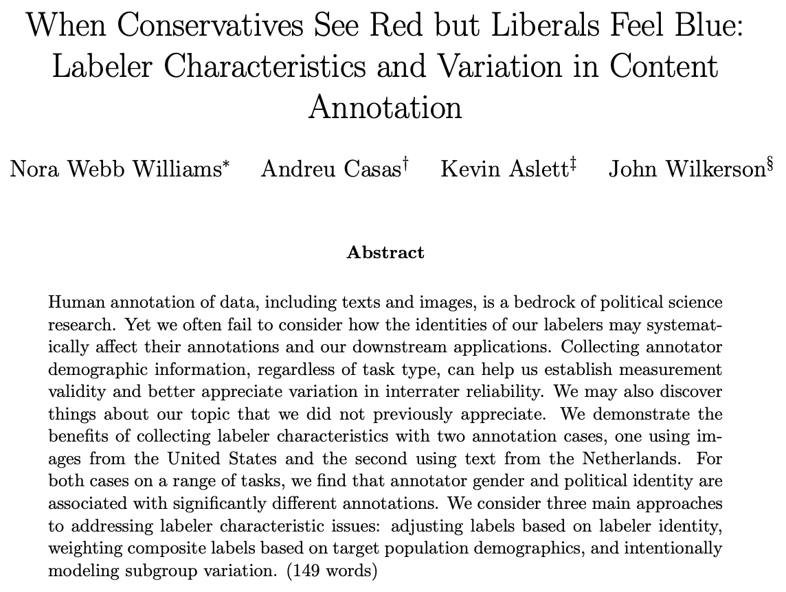 Andreu Casas (@casandreu) on Twitter photo 🚨New publication <a href="/The_JOP/">Journal of Politics @jop@sciences.social</a> on human biases in data annotation (w. Nora Webb Williams, Kevin Aslett, John Wilkerson). Extremely important given the increasing societal reliance on AI tools often trained on human coders journals.uchicago.edu/doi/10.1086/73… 🚨New publication <a href="/The_JOP/">Journal of Politics @jop@sciences.social</a> on human biases in data annotation (w. Nora Webb Williams, Kevin Aslett, John Wilkerson). Extremely important given the increasing societal reliance on AI tools often trained on human coders journals.uchicago.edu/doi/10.1086/73…
