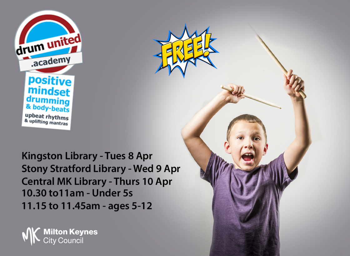 Drumming improves wellbeing, reduces stress. calms the mind, strengthens neurological pathways, releases endorphins and makes you feel good! Join Adey from Drum United for positive mindset drumming at #MiltonKeynes Libraries 8, 9 &amp; 10 Apr. FREE! milton-keynes.gov.uk/library-events