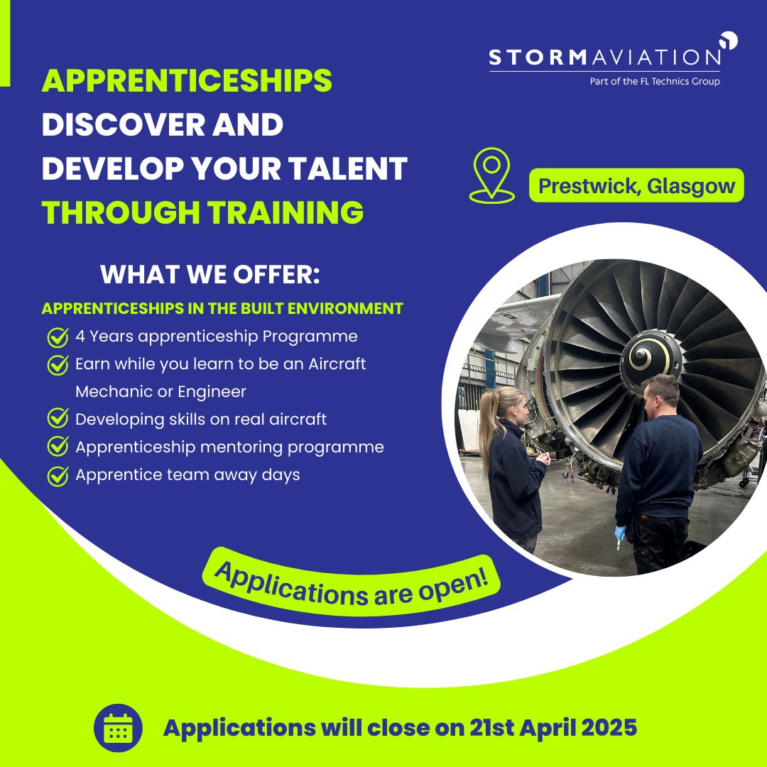 StormAviation's tweet image. Kickstart Your Aviation Career with Storm Aviation! ✈️
Our Apprenticeship Programme is now open at our Prestwick Base Maintenance Facility! 

🛠 Apply now: stormaviation.current-vacancies.com/Jobs/Advert/37…

📅 Closing date: 21st April 2025

#StormAviation  #Apprenticeship #ApprenticeshipProgramme