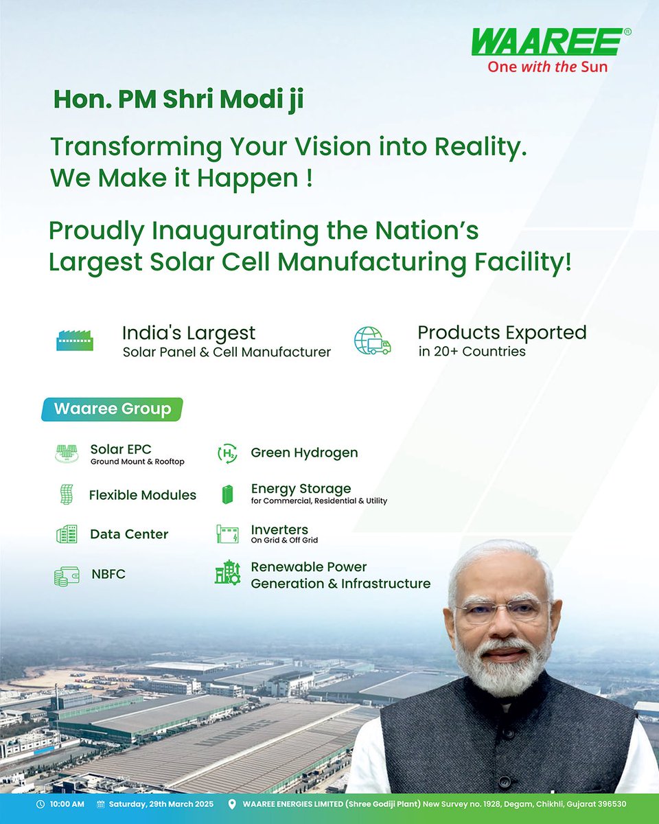 Aligning with Hon. Prime Minister's vision, Waaree is taking a monumental step forward with the inauguration of the Nation’s largest solar cell manufacturing facility, we are driving India towards renewable energy future &amp; sustainability.

#Waaree #Sustainability #Inauguration