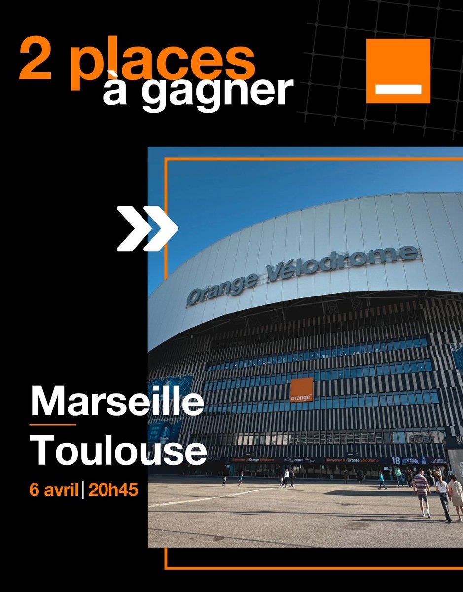 Orange PACA (@orangepaca) on Twitter photo 🎁Tentez de gagner 2 places à <a href="/orangevelodrome/">Orange Vélodrome 🏡</a> pour Marseille - Toulouse🏟️
🗓️06/04
📍<a href="/orangevelodrome/">Orange Vélodrome 🏡</a>
✅RT & Follow <a href="/OrangePACA/">Orange PACA</a> & <a href="/TeamOrangeFoot/">Team Orange Football</a>
✅Qui porte le n°13 à Marseille ?
⠀
🏆TAS : 31/03 🎁Tentez de gagner 2 places à <a href="/orangevelodrome/">Orange Vélodrome 🏡</a> pour Marseille - Toulouse🏟️
🗓️06/04
📍<a href="/orangevelodrome/">Orange Vélodrome 🏡</a>
✅RT & Follow <a href="/OrangePACA/">Orange PACA</a> & <a href="/TeamOrangeFoot/">Team Orange Football</a>
✅Qui porte le n°13 à Marseille ?
⠀
🏆TAS : 31/03