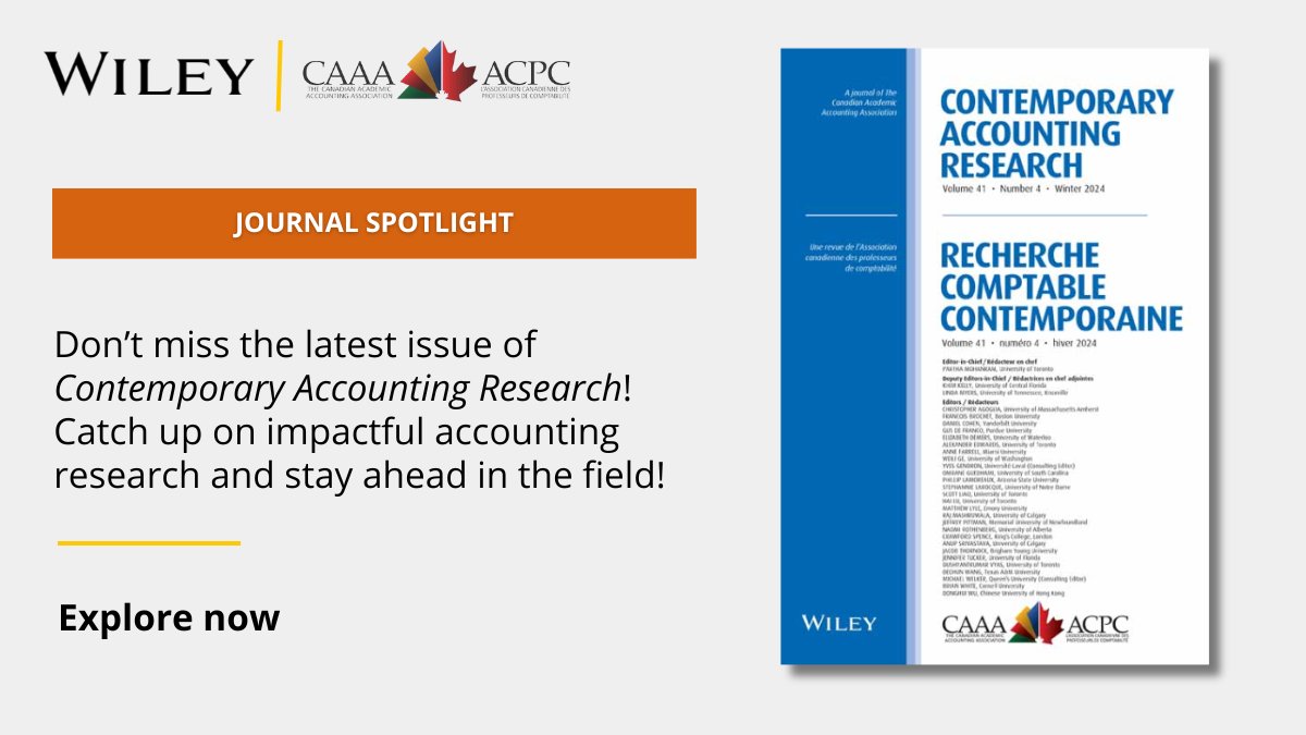 Wiley Business (@wileybusiness) on Twitter photo 📢 Have you read the latest issue of Contemporary Accounting Research (<a href="/CAR_RCC_Journal/">Contemporary Accounting Research</a>)? Catch up on impactful accounting research and stay ahead in the field!
📖 Explore it here: ow.ly/14QQ50Vk2SX
#JournalSpotlight <a href="/caaa_acpc/">CAAA</a> 📢 Have you read the latest issue of Contemporary Accounting Research (<a href="/CAR_RCC_Journal/">Contemporary Accounting Research</a>)? Catch up on impactful accounting research and stay ahead in the field!
📖 Explore it here: ow.ly/14QQ50Vk2SX
#JournalSpotlight <a href="/caaa_acpc/">CAAA</a>