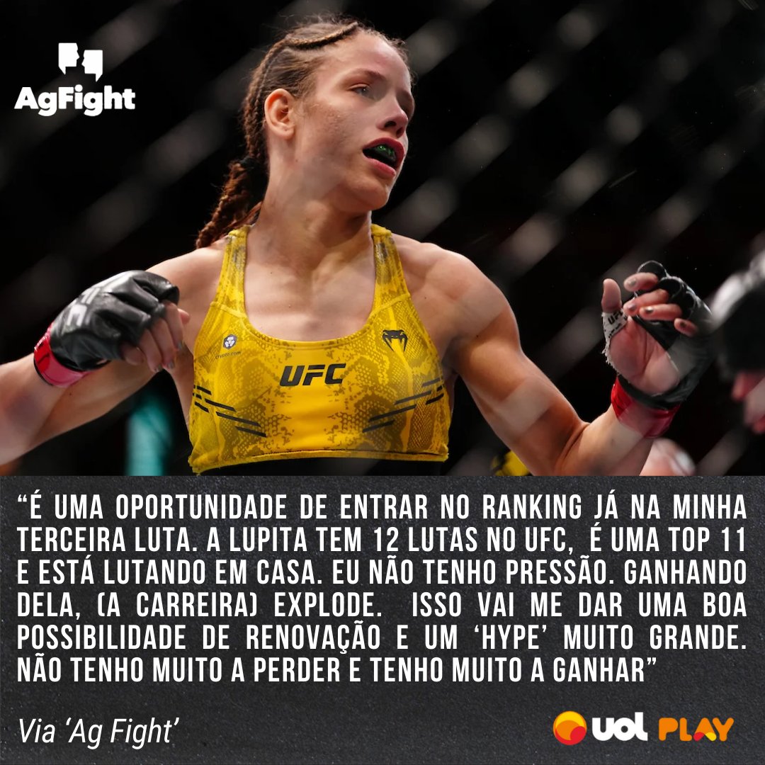 Ag. Fight (@agfight) on Twitter photo CHANCE DE OURO!
Prestes a disputar sua terceira luta no UFC, <a href="/Polastri_UFC/">Julia PSYCO Polastri</a> pode pegar um atalho para o ranking do peso-palha. Para isso, porém, a brasileira terá que vencer Lupita Godinez, número 11 do mundo, no card com sede no México.
#Polastri #Novata #UFC #Ranking CHANCE DE OURO!
Prestes a disputar sua terceira luta no UFC, <a href="/Polastri_UFC/">Julia PSYCO Polastri</a> pode pegar um atalho para o ranking do peso-palha. Para isso, porém, a brasileira terá que vencer Lupita Godinez, número 11 do mundo, no card com sede no México.
#Polastri #Novata #UFC #Ranking