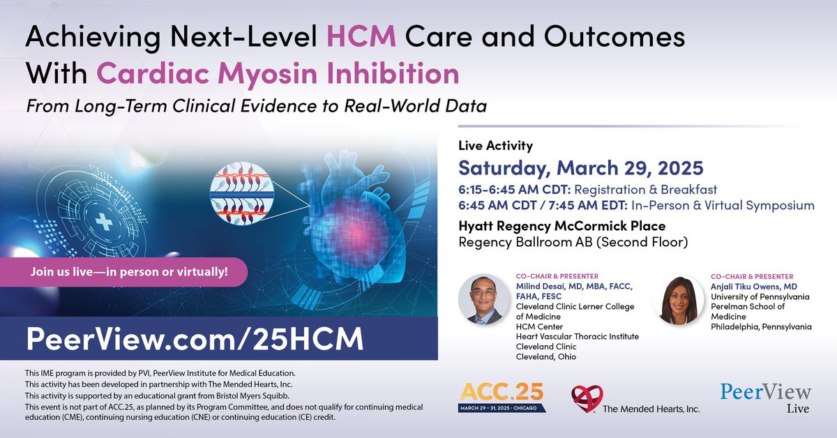 PeerView (@peerview) on Twitter photo 🛫PVI on the Go: Headed to Chicago for #ACC25? So are we!
Kick off your day with <a href="/DesaiMilindY/">Milind Desai MD MBA</a> & <a href="/tikuowens/">Anjali Owens</a> in an early morning dive into next-level #HCM care with CMIs.
Sat, Mar 29 | 6:45–7:45 AM CDT
Join us in-person or virtually: bit.ly/25HCMT
<a href="/MendedHearts/">Mended Hearts</a> 🛫PVI on the Go: Headed to Chicago for #ACC25? So are we!
Kick off your day with <a href="/DesaiMilindY/">Milind Desai MD MBA</a> & <a href="/tikuowens/">Anjali Owens</a> in an early morning dive into next-level #HCM care with CMIs.
Sat, Mar 29 | 6:45–7:45 AM CDT
Join us in-person or virtually: bit.ly/25HCMT
<a href="/MendedHearts/">Mended Hearts</a>