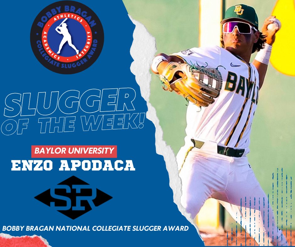 Bobby Bragan National Collegiate Slugger Award (@braganslugger) on Twitter photo Congratulations to our Week 5 Slugger of the Week, Enzo Apodaca! <a href="/BaylorBaseball/">Baylor Baseball</a> <a href="/BaylorAthletics/">Baylor Athletics</a> <a href="/Baylor/">Baylor University</a> Congratulations to our Week 5 Slugger of the Week, Enzo Apodaca! <a href="/BaylorBaseball/">Baylor Baseball</a> <a href="/BaylorAthletics/">Baylor Athletics</a> <a href="/Baylor/">Baylor University</a>