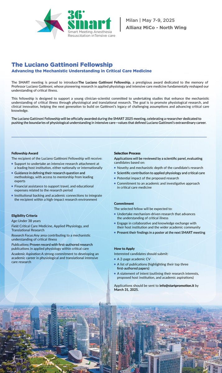 @SmartMeetingMilan (@smart_meeting_m) on Twitter photo The Luciano Gattinoni Fellowship
To submit your application, send an email to info@startpromotion.it
#FellowshipGattinoni #Anesthesia #IntensiveCare #Opportunity #MedicalEducation
mailchi.mp/startpromotion… The Luciano Gattinoni Fellowship
To submit your application, send an email to info@startpromotion.it
#FellowshipGattinoni #Anesthesia #IntensiveCare #Opportunity #MedicalEducation
mailchi.mp/startpromotion…