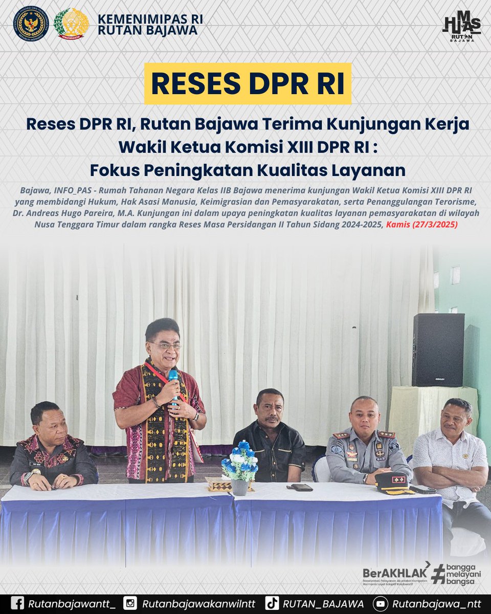 Rutanbajawa_NTT's tweet photo. Reses DPR RI, Rutan Bajawa Terima Kunjungan Kerja Wakil Ketua Komisi XIII DPR RI : Fokus Peningkatan Kualitas Layanan
#kemenimipas
#guardandguide
#ditjenpas
#pemasyarakatan
#rutanbajawa
#DPR_RI
#reses https://t.co/czLok75Nk7