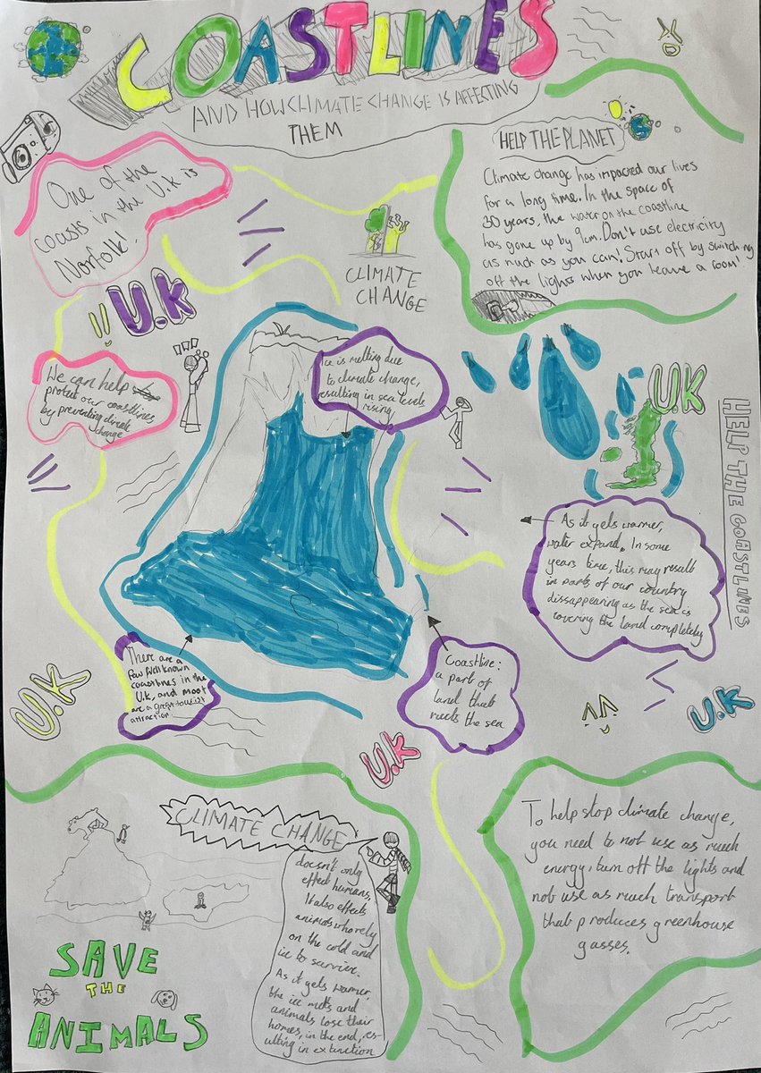 <a href="/RNLI/">RNLI</a> <a href="/CPNetworkUK/">The Coastal Partnerships Network (CPN)</a> In Year 5, we created posters on UK coastlines. We highlighted the effect that climate change is having on our coastlines. “I hope that our posters help raise awareness about what is happening to our coasts and how we can help to preserve them” (Year 5 child).