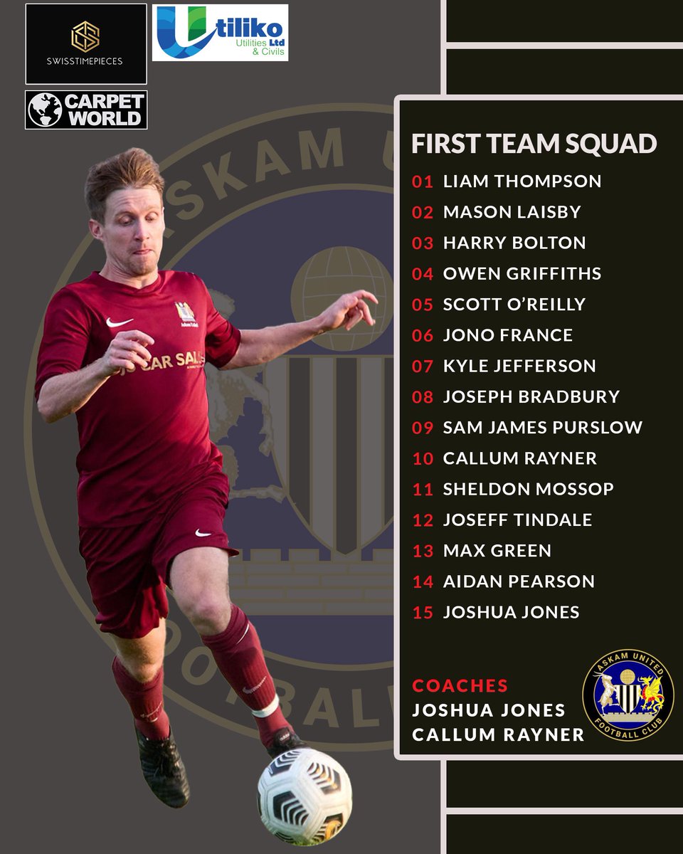 📆 29/03/25 
🏆 Presidents Cup Semi Final
🆚 Croston
🏟️ Poulton

Tomorrow sees the first team travel through to Poulton to face Croston for a place in the Presidents Cup Final 🙌

Harry Bolton, Sheldon Mossop, Mason Laisby and Joe Bradbury return to the match day squad 🔵⚫️