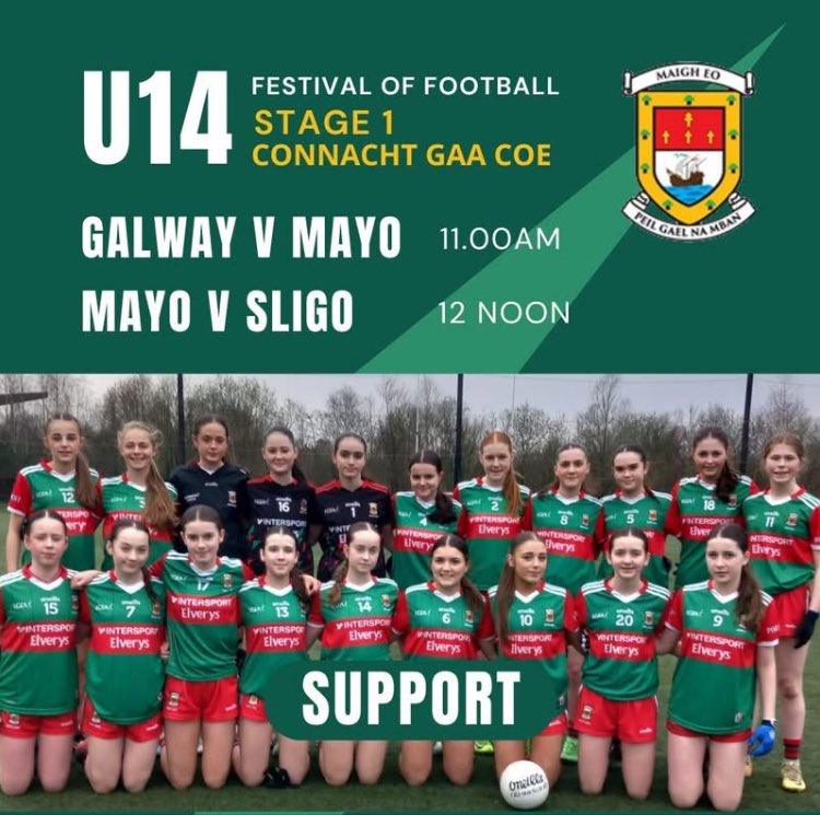Connacht LGFA (@connachtlgfa) on Twitter photo Our u14's kick off their Connacht LGFA Festival of Football this weekend with STAGE 1 commencing on Saturday 29th March.💪
🏐We take on Galway in the first game at 11.00am in the Connacht GAA Centre of Excellence 
🏐In game two, we take on Sligo at 12:00 Noon in the Connacht Our u14's kick off their Connacht LGFA Festival of Football this weekend with STAGE 1 commencing on Saturday 29th March.💪
🏐We take on Galway in the first game at 11.00am in the Connacht GAA Centre of Excellence 
🏐In game two, we take on Sligo at 12:00 Noon in the Connacht