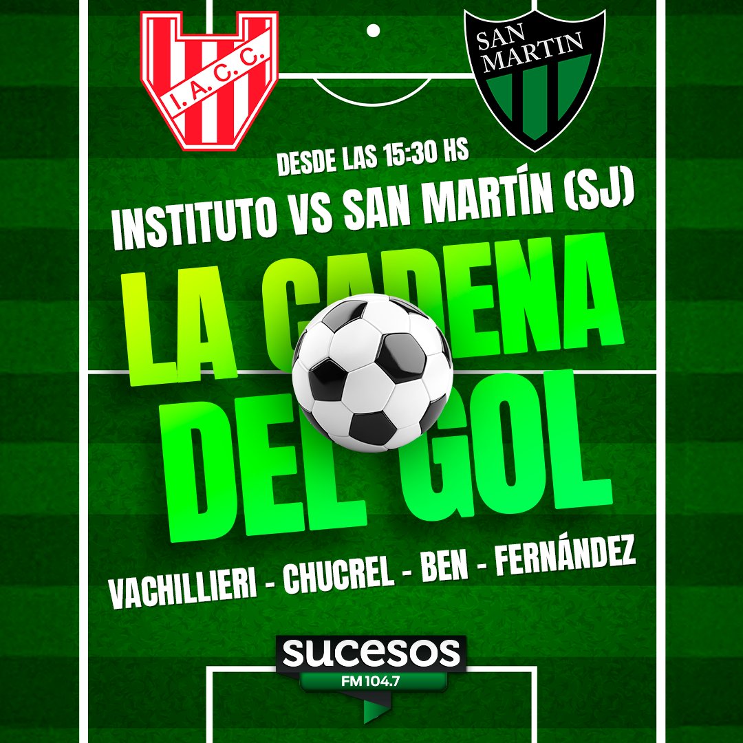 Sábado desde las 15:30 hs transmitimos
INSTITUTO vs San Martín (SJ)
<a href="/InstitutoACC/">Instituto ACC</a> 

Relata: Lucho Vachillieri <a href="/LucianoVachill2/">Luciano Vachillieri</a> 
⁠Comenta: Pablo Chucrel <a href="/pablochucrel_99/">Pablo Chucrel ✍🏼</a> 
⁠Campo: Nacho Ben <a href="/nacho_ben97/">Nacho Ben ⚡️</a> 
⁠Estudios: Tobías Fernandez <a href="/tobiferOK/">T</a>
