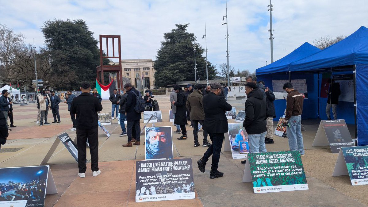 Balochistan : Protest and Photo Exhibition at Broken Chair, United Nations  

 🔹58th Session of the Human Rights Council (24 Feb – 4 Apr 2025)
 🔹Day 2 of BNM’s Activities in Geneva  

Today, the Baloch National Movement (BNM) held a powerful photo exhibition and protest at the