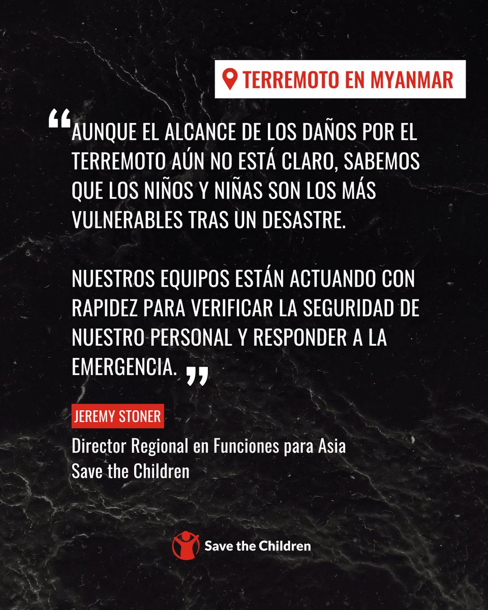 📢 #Terremoto en #Myanmar
🔴 Aún no conocemos la magnitud de los daños, pero sabemos que los niños y niñas son siempre los más vulnerables.
Nos movilizamos para evaluar las necesidades urgentes y llevar ayuda. 
Dona al Fondo de Emergencias stces.me/4cfKgCW