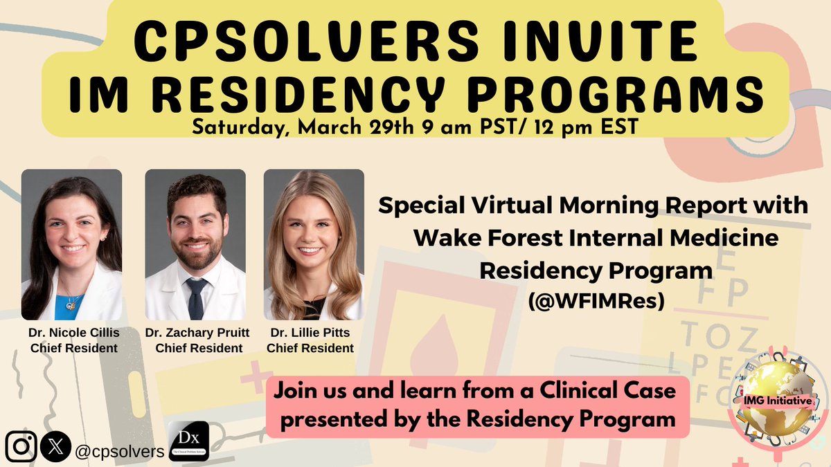 The Clinical Problem Solvers (@cpsolvers) on Twitter photo #MedTwitter We're excited about our morning report with the Wake Forest Internal Medicine residency program on Saturday, March 29 at 9 am PST/12 pm EST!
Join us for a fun case and to learn more about the
<a href="/WFIMRes/">Wake Forest Internal Medicine Residency</a> residency program! bit.ly/31LWIKg #MedTwitter We're excited about our morning report with the Wake Forest Internal Medicine residency program on Saturday, March 29 at 9 am PST/12 pm EST!
Join us for a fun case and to learn more about the
<a href="/WFIMRes/">Wake Forest Internal Medicine Residency</a> residency program! bit.ly/31LWIKg