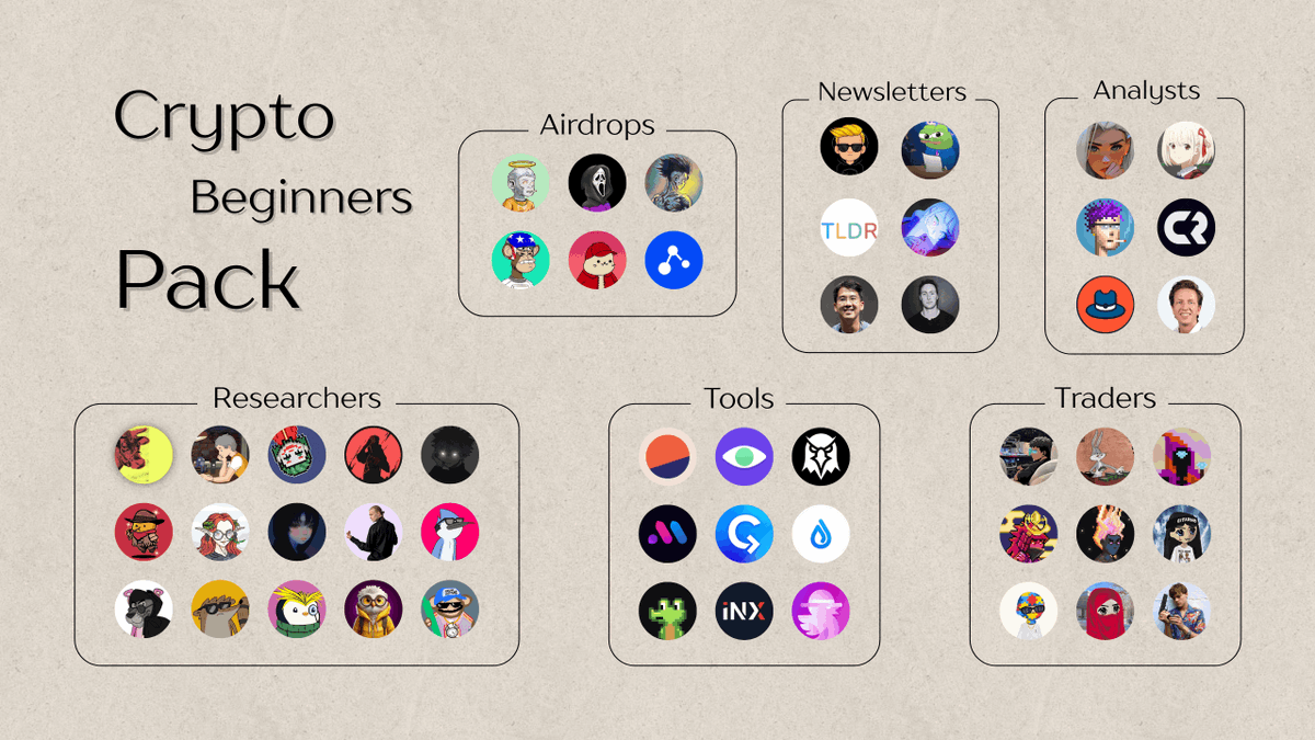 Crypto Beginners Pack should looks like:

I. Researchers:

<a href="/Defi_Warhol/">DeFi Warhol</a>
<a href="/DeFiMinty/">Minty</a>
@0xJok9r
<a href="/KingWilliamDefi/">KingWilliam</a>
@lenioneall
<a href="/DeRonin_/">Ronin</a>
<a href="/stacy_muur/">Stacy Muur</a>
<a href="/belizardd/">defizard</a>
@0xDefiLeo
<a href="/0xHvdes/">Hades</a>
<a href="/splinter0n/">Splin Teron</a>
<a href="/parcifap_defi/">Cryptoholic</a>
<a href="/DefiIgnas/">Ignas | DeFi</a>
@0xAndrewMoh
<a href="/the_smart_ape/">The Smart Ape 🔥</a>

II. Tools:

<a href="/Dune/">Dune | We Are Hiring!</a>
<a href="/getmoni_io/">Moni 🧙‍♂️</a>
