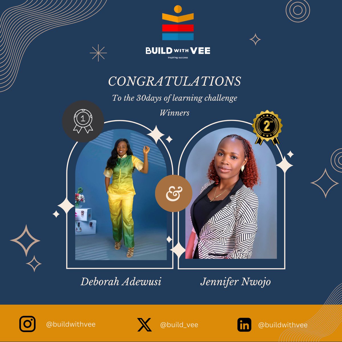 build_vee's tweet image. 🎉 Huge congratulations to our top performers in the #30DaysOfLearning challenge! 🚀
@Jenny_anama @Oyinkandebbie 

Keep building with Vee! 💪 #BuildWithVee #LearningChallenge #Winners #ProfessionalDevelopment #TechSkills #Nigeria