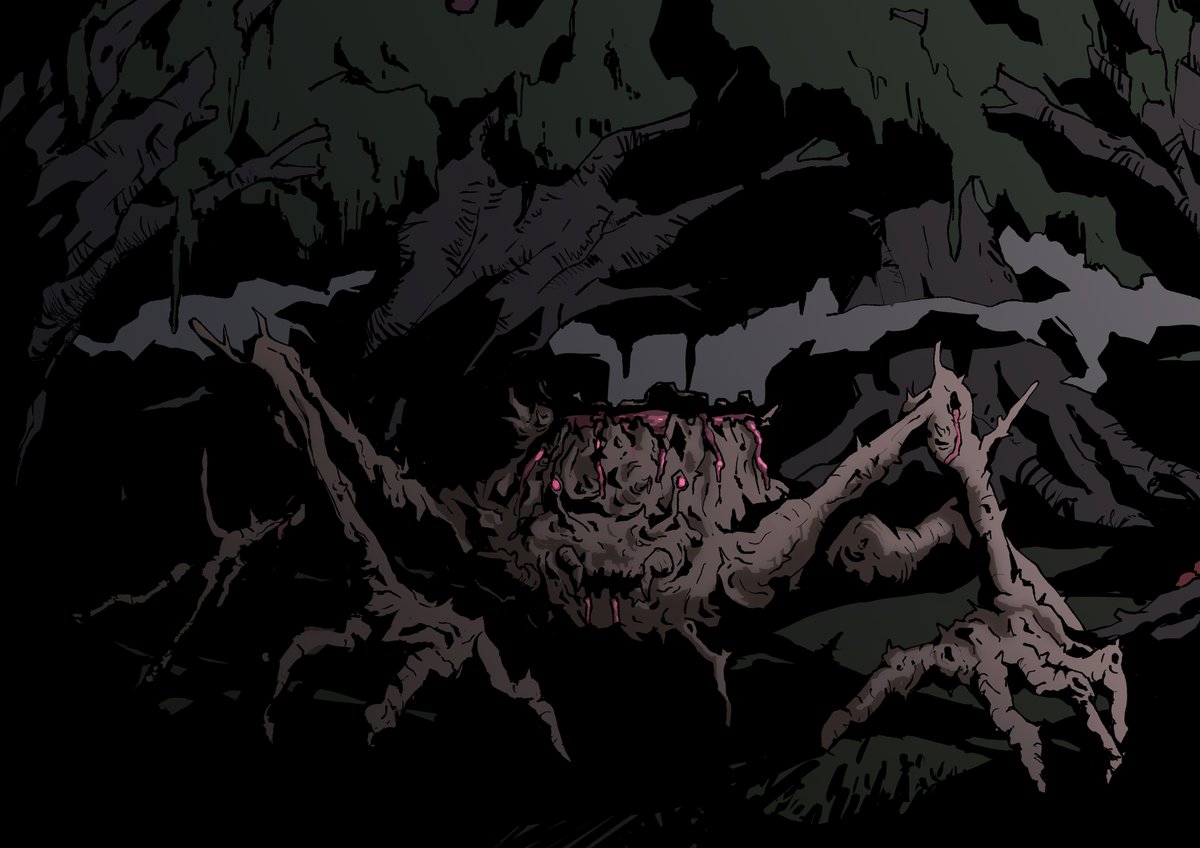 Phase 1 and Phase 2 of a monster I ran for a Wilderfeast game recently - A frenzied rootcrab, imitating one of the poisonous Jya Plum trees, The Terror of Sen-To.

#Wilderfeast