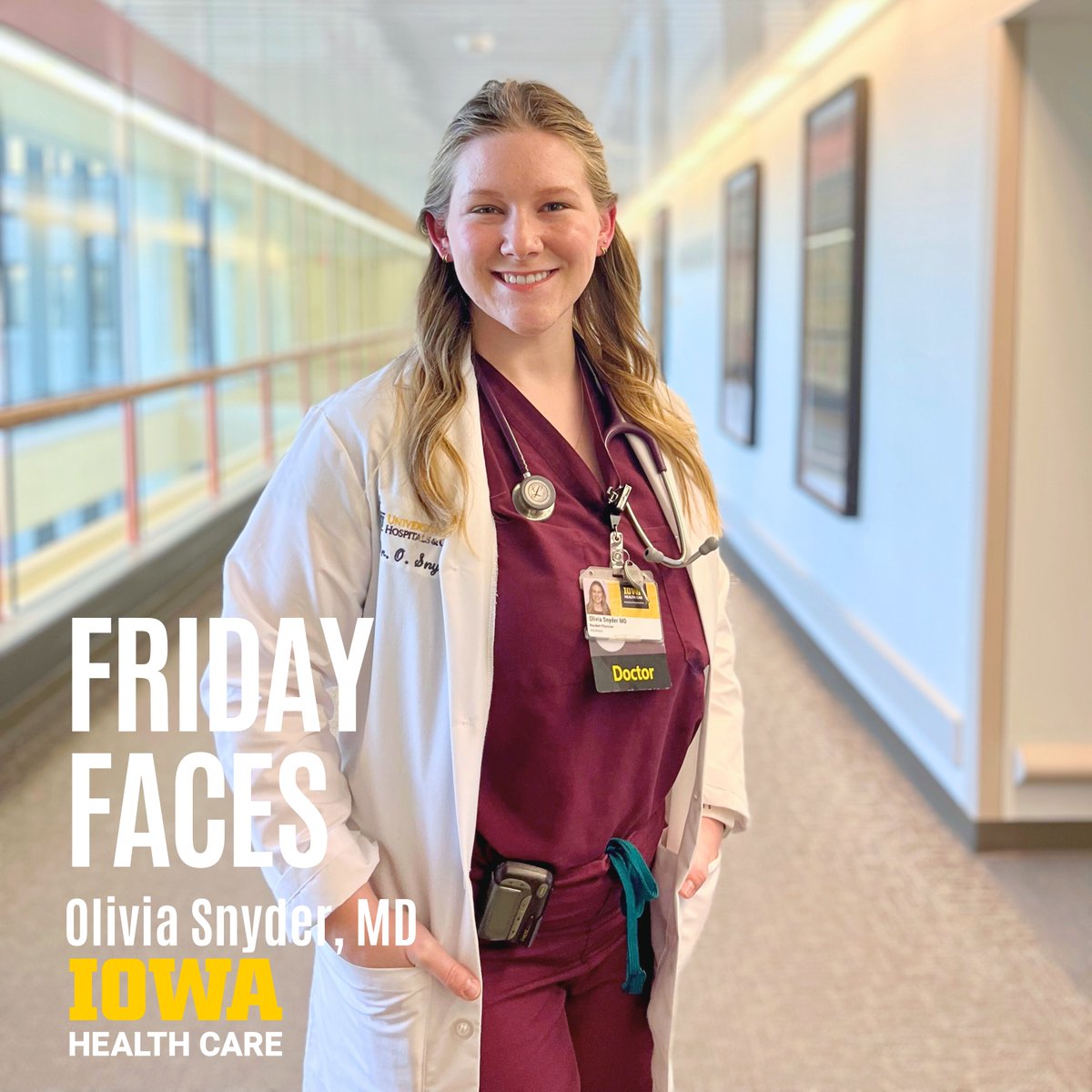 Let’s shine a spotlight on Olivia Snyder, MD:

🌟 Originally from Ames, IA
🌟 CA-1 Anesthesia Resident
🌟 Carver College of Medicine Alum
🌟 Passionate about caring for the most challenging cases, confident that her team is prepared to handle anything that comes their way.