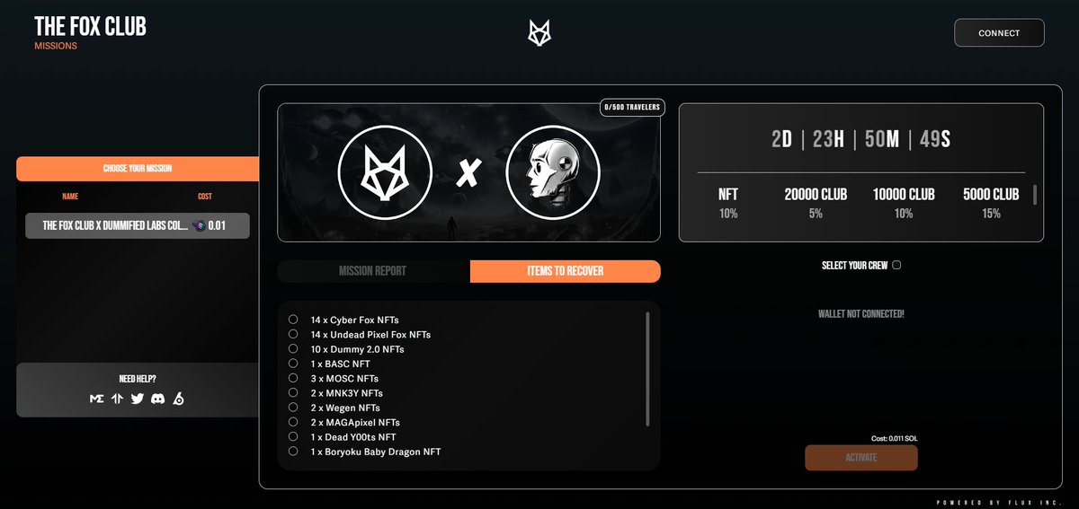 The Fox Club X Dummified Labs🚀

Collab mission is now live:
missions.thefoxclub.wtf/missions

You can send both Cyber Foxes and Dummies on this mission!

It cost 0.01 SOL per NFT you send with a lot of good rewards to be won!👀 all NFTs will receive something!

<a href="/degendummies/">Dummified Labs |</a>