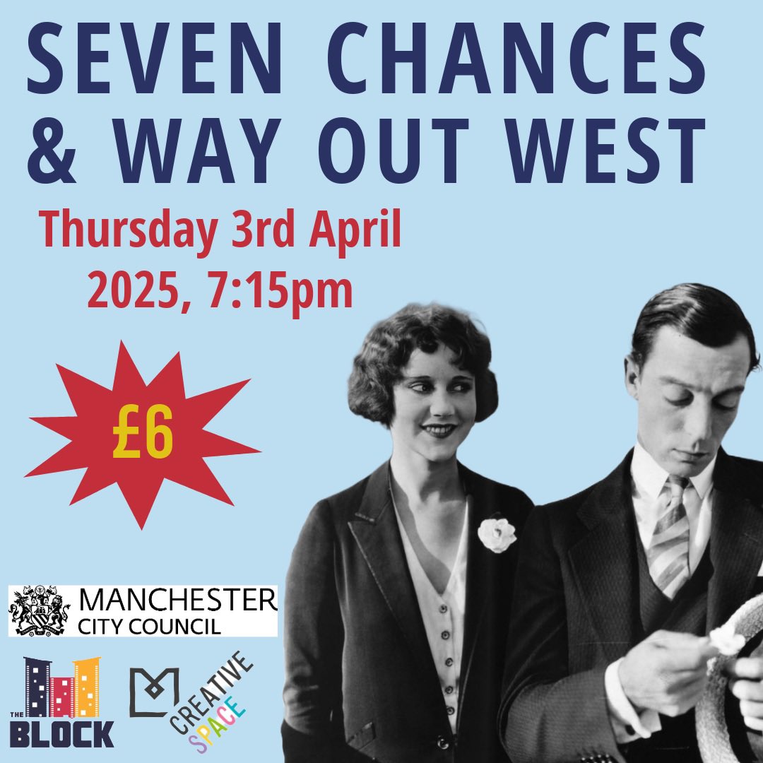 Our next screening is a double feature of Seven Chances and Way out West. Join us for double fun and laughs with three masters of madcap mayhem Buster Keaton and Laurel and Hardy! 🎬

Tickets can be purchased online or on the door 🎟️ 
 
blockcinema.org