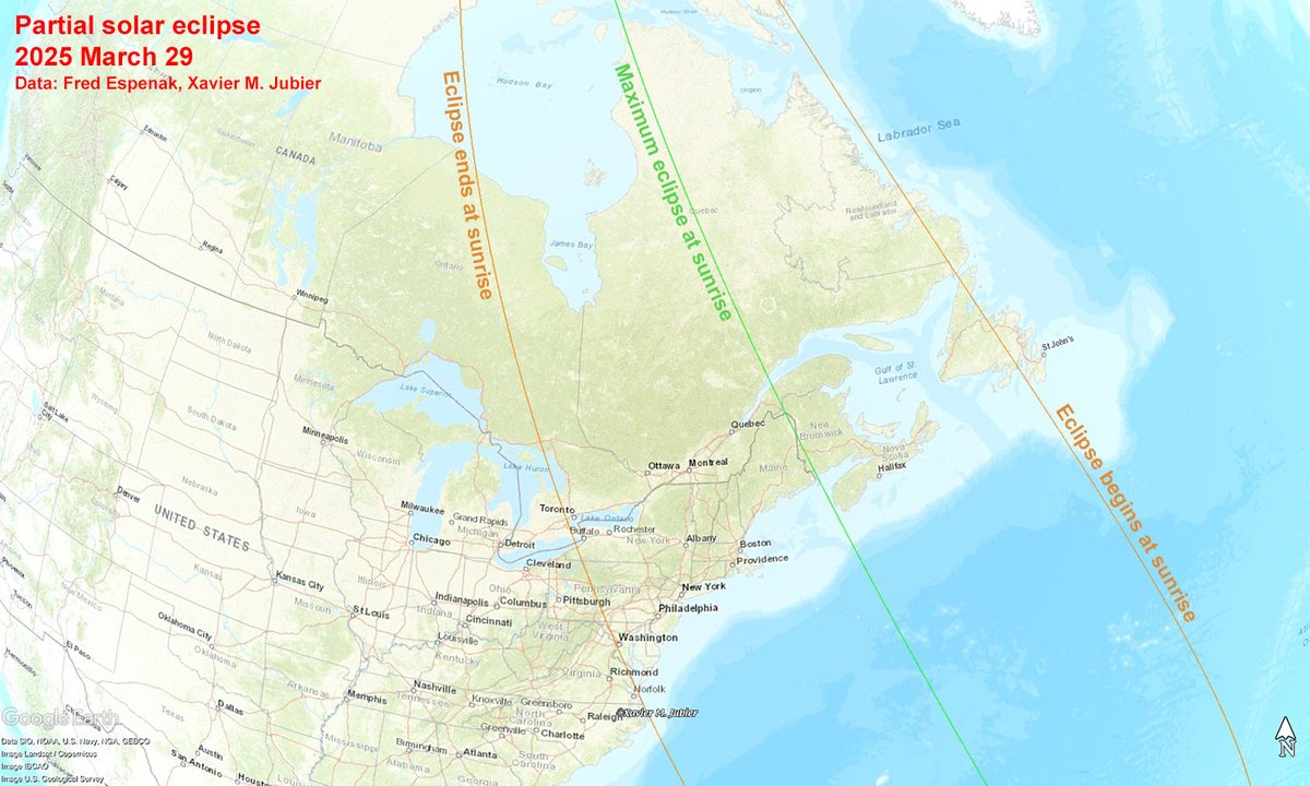 Cmdr_Hadfield's tweet image. Maritimers! You have a partial solar eclipse at sunrise tomorrow. Reminder to not look directly at the Sun. 
details: skyandtelescope.org/astronomy-news…
(image Elias Chasiotis, graphic Andrew Yee)