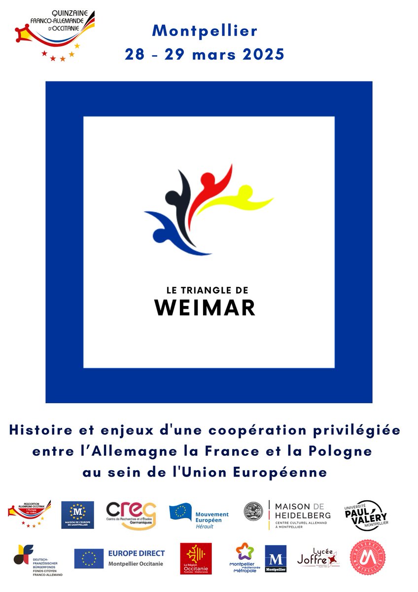 🇪🇺 COLLOQUE LE TRIANGLE DE WEIMAR 🇩🇪🇫🇷🇵🇱
Samedi 29 mars 2025 de 9h - 17h30. Entrée libre
Site Saint Charles <a href="/univpaulvalery/">Université de Montpellier Paul-Valéry</a> 
maison-de-heidelberg.org/agenda/triangl…