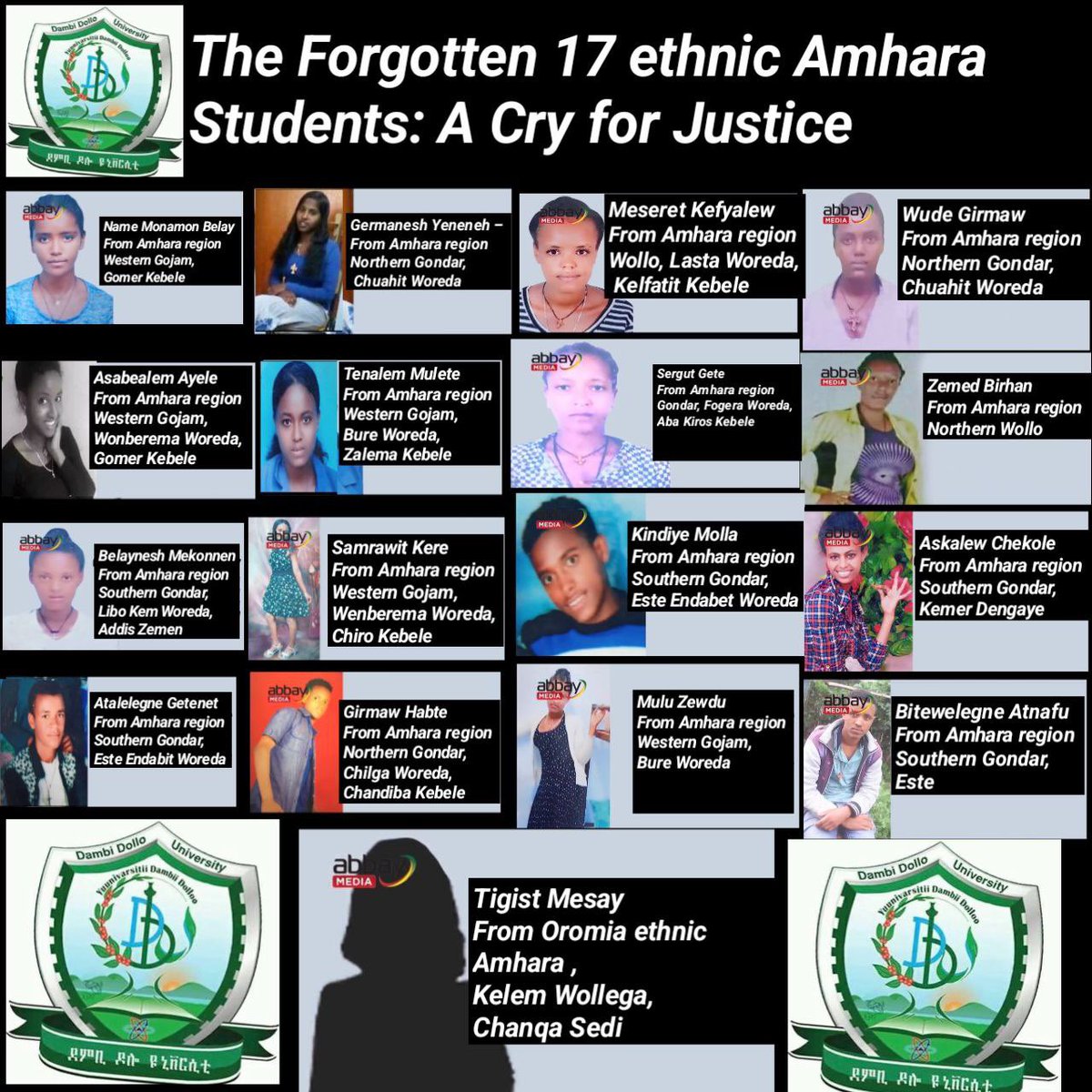 The Forgotten 17 ethnic Amhara Students: A Cry for Justice, 
More than four years have passed since 17 Amhara students were abducted from Dembi Dollo University in Ethiopia, yet their fate remains unknown. Their families continue to live in anguish, deprived of answers, while the