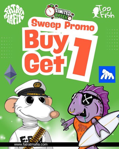 ✨ Future of Web3/NFTs is Multi-chain!

So here is a fun NFT Sweep Promo 🔥

🧹 BUY 1 Fat Rat 🐭 on OpenSea (ETH)
🆓 GET 1 <a href="/TooFishfish/">Too Fish</a> 🐟 Free (APE)

(Buy 5 Fat Rats, get 5 Too Fish OR a Lab Rat)

*Must buy from OS floor &amp;  post/DM transaction link to claim (no WETH/private