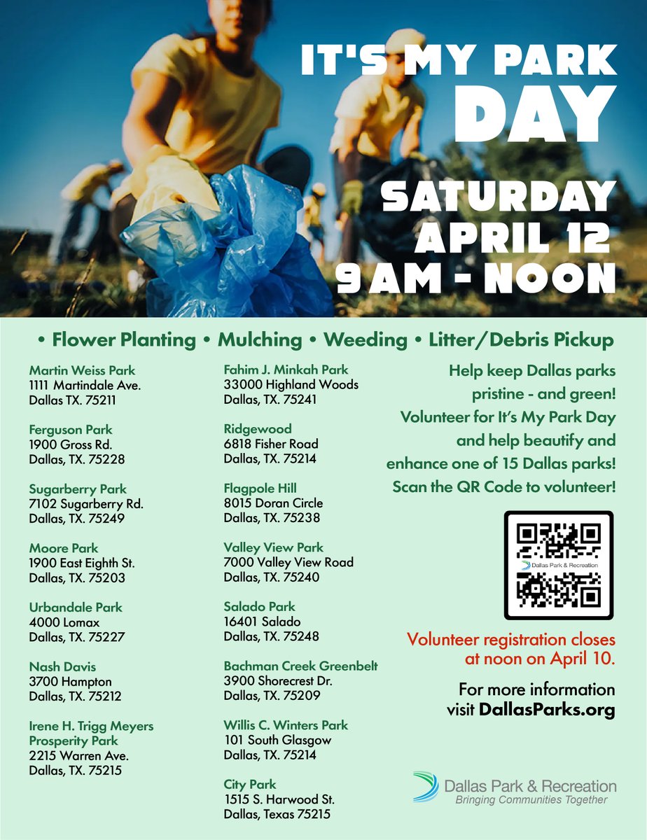 DallasParkRec's tweet image. Love your local park? Help keep #DallasParks clean and green on It's My Park Day!! Join us for park beautification, fun and community! 🌳  💚 💙 

bit.ly/4hqsXjj