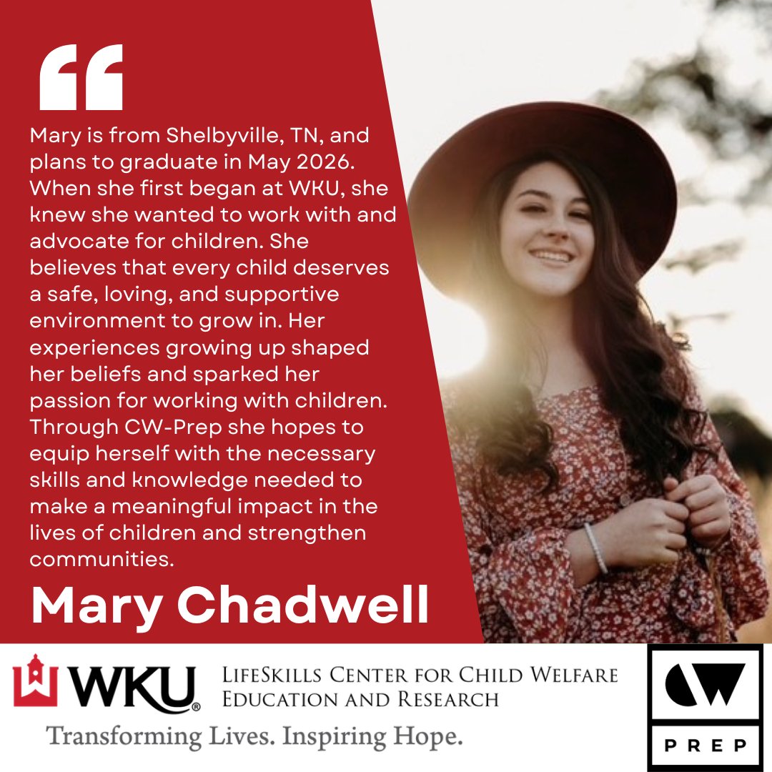 The Child Welfare Prepare, Retain, Engage and Partner Program (CW PREP) is a partnership between the Kentucky Cabinet for Health and Family Services and university undergraduate social work programs. Meet Mary Chadwell an amazing CW Prep student!
<a href="/CHHS_WKU/">chhs_wku</a>
<a href="/GriffithsPhD/">Austin Griffiths, Ph.D.</a>