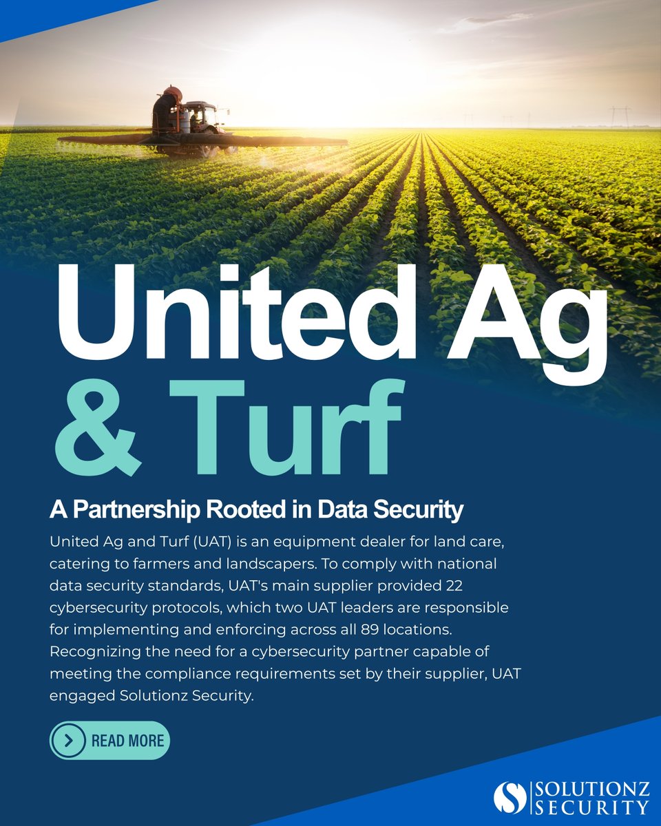 SolutionzInc's tweet image. Learn how United Ag &amp;amp; Turf (UAT) strengthened their cybersecurity posture and achieved compliance with 22 critical protocols. Read their success story and how they achieved seamless data protection!  bit.ly/424hOPA 

#CaseStudy #CyberSecurity #SolutionzSecurity