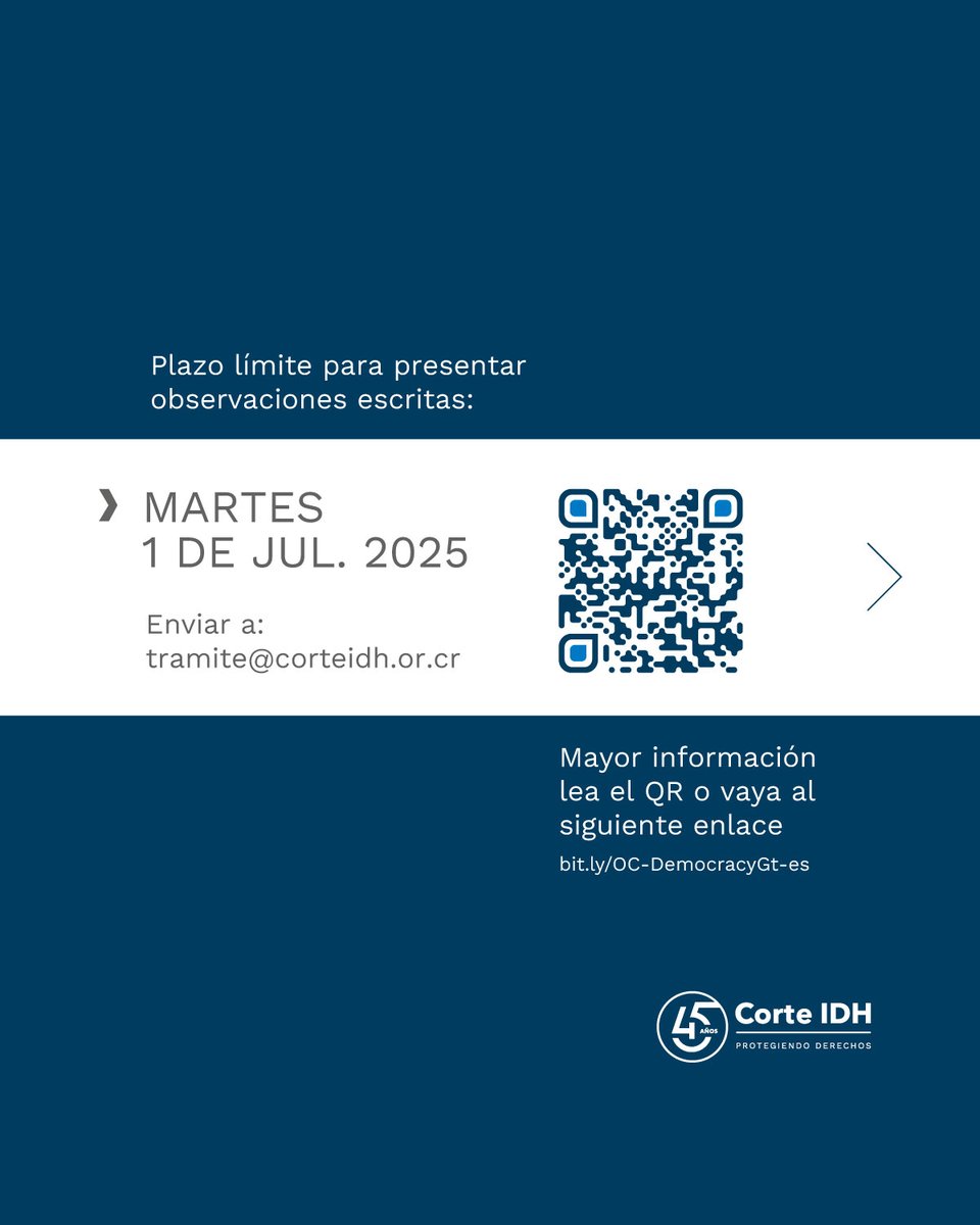 COMUNICADO | 📄

La Corte Interamericana de Derechos Humanos informa que ha recibido la solicitud de Opinión Consultiva sobre Democracia y su protección ante el Sistema Interamericano de Derechos Humanos, presentada por la República de Guatemala.

Se ha establecido el 1 de julio