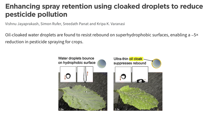 mitvaranasilab's tweet photo. We are excited to share that our work on cloaked drops has been published in Soft Matter. Cloaked drops increase the retention of agricultural sprays on crop surfaces, enhance crop protection, and reduce agrochemical runoff. Check it out: https://t.co/5k2QFrgD18 @MITEngineering https://t.co/S3DSwdluzV