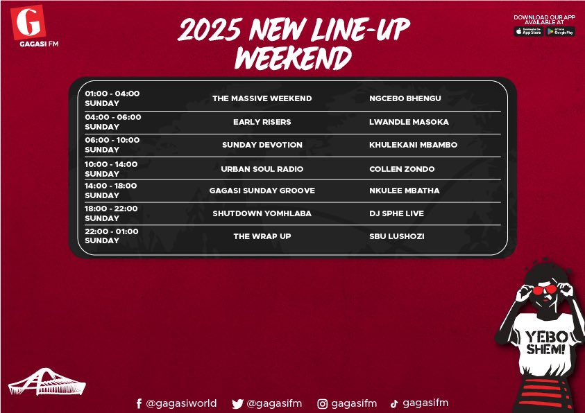 gagasifm's tweet photo. Haibo! Ma- eh! 😎🔥 We are excited and proud to unveil our highly anticipated Season 2025–2026 lineup, a refreshed and re-energized schedule that continues to reflect our bold, vibrant, and proudly KZN identity. 🎶 Silibele sikhona namagalelo ethu! 🌟

Stay tuned to iGagasi FM—The Sound of KZN, to see how everything unfolds. 📻

#IthinaAmabhoza #WeGotTalent
#TheSoundOfKZN #GagasiFM