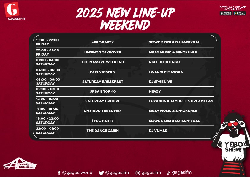 gagasifm's tweet photo. Haibo! Ma- eh! 😎🔥 We are excited and proud to unveil our highly anticipated Season 2025–2026 lineup, a refreshed and re-energized schedule that continues to reflect our bold, vibrant, and proudly KZN identity. 🎶 Silibele sikhona namagalelo ethu! 🌟

Stay tuned to iGagasi FM—The Sound of KZN, to see how everything unfolds. 📻

#IthinaAmabhoza #WeGotTalent
#TheSoundOfKZN #GagasiFM