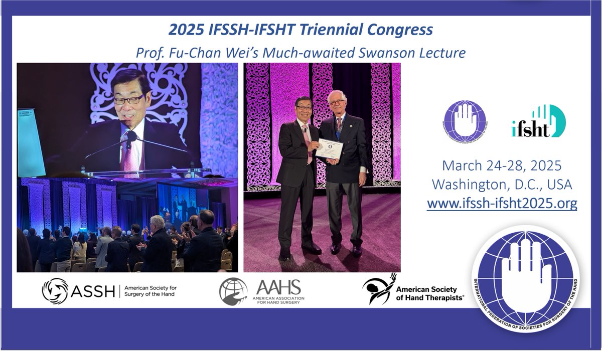 Prof. Wei delivered an unforgettable IFSSH 2025 Swanson Lecture yesterday, earning a well-deserved standing ovation! 👏🔥 Truly inspiring! 🤝#HandSurgery #IFSSH2025 #IFSHT2025 @handsociety @handsurgeryassn @handtherapyasht @ifshandtherapy