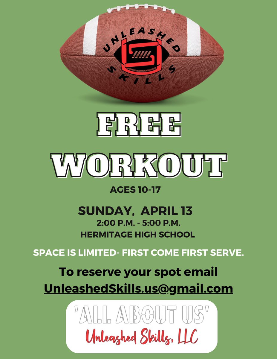 I am proud to announce that we will be having our 2nd Annual Unleashed Skills FREE Workout on April 13th at Hermitage HS. Last year, we had a successful turnout with over 40 athletes in attendance. We are hoping for an even bigger turnout this year! 

Registration will begin 3/31