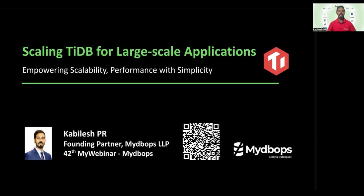 MydbopsOfficial's tweet image. We&apos;re thrilled that our webinar on Scaling #TiDB for Large-scale Applications with @KabileshPr  was a success!

Thank you to everyone who joined and engaged with us.

Presentation available: mydbops.com/webinars/scali…

#DatabaseScaling #Mydbops #Webinar #DistributedSQL #PingCAP
