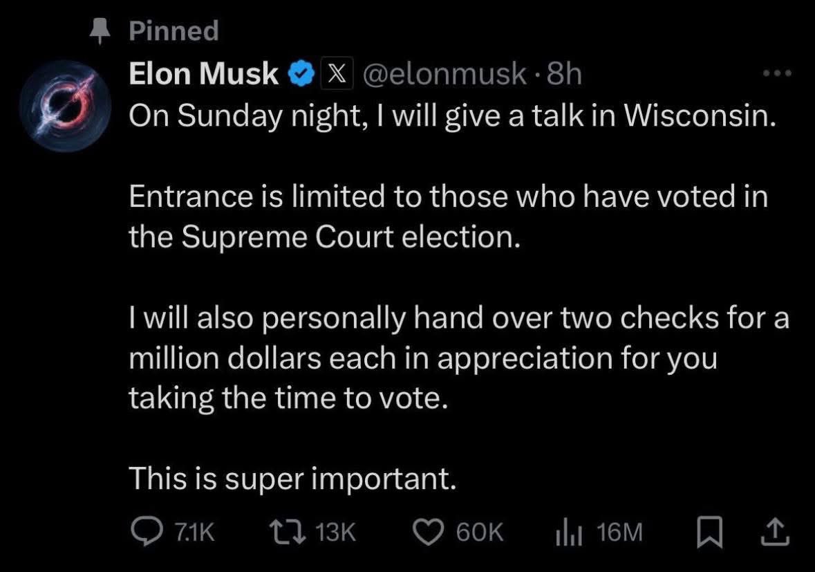 In Wisconsin, it is illegal for businesses to give even a small discount to customers for voting. 

Giving someone $1 million because they voted is clearly illegal.