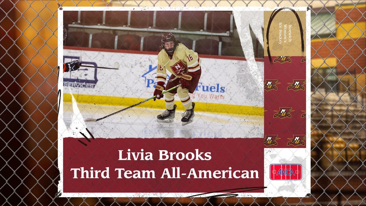 Norwich Cadets (@norwichcadets) on Twitter photo ICYMI, sophomore Livia Brooks was named a 3rd Team All-American by <a href="/AHCAHockey/">AHCA</a> . She becomes the 6th player in <a href="/norwich_whockey/">Norwich W Hockey</a> history to win the honor multiple times after her 2nd straight season earning 1st Team All-<a href="/NEHockeyConf/">NE Hockey Conference</a> honors.
STORY: bit.ly/42d7Vzj ICYMI, sophomore Livia Brooks was named a 3rd Team All-American by <a href="/AHCAHockey/">AHCA</a> . She becomes the 6th player in <a href="/norwich_whockey/">Norwich W Hockey</a> history to win the honor multiple times after her 2nd straight season earning 1st Team All-<a href="/NEHockeyConf/">NE Hockey Conference</a> honors.
STORY: bit.ly/42d7Vzj