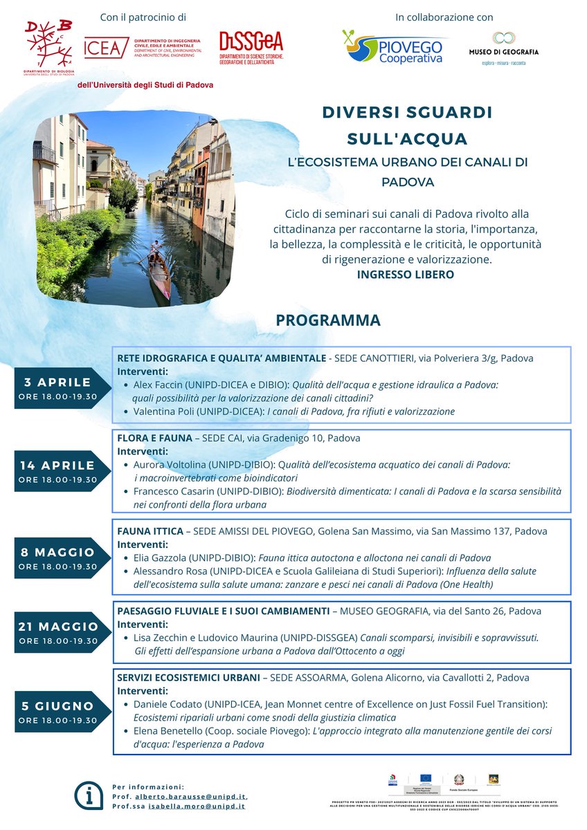 Department of Biology โ University of Padova (@dibio_unipd) on Twitter photo Different looks at the water: a multidisciplinary series of seminars on the urban ecosystem of the canals in Padua. A collaboration between three departments of <a href="/UniPadova/">Universitร di Padova</a>: <a href="/DiBio_UniPD/">Department of Biology โ University of Padova</a>, #ICEA, <a href="/DiSSGeA_UniPD/">DiSSGeA UNIPD</a>.
Kicking off on April 3 at 18:00 at the Canottieri headquarters Different looks at the water: a multidisciplinary series of seminars on the urban ecosystem of the canals in Padua. A collaboration between three departments of <a href="/UniPadova/">Universitร di Padova</a>: <a href="/DiBio_UniPD/">Department of Biology โ University of Padova</a>, #ICEA, <a href="/DiSSGeA_UniPD/">DiSSGeA UNIPD</a>.
Kicking off on April 3 at 18:00 at the Canottieri headquarters