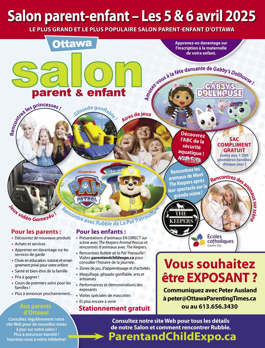 Ottawa Parent &amp; Child Expo - Parents, Kids, &amp; More Réservez la date! Le Salon Parents-/enfants d’Ottawa aura lieu les 5 et 6 avril au Nepean Sportsplex!  Amusez-vous avec Gabby’s Dollhouse sur la  scène et bien plus encore! ParentandChildExpo.ca
pour tous les détails! #Ottawa