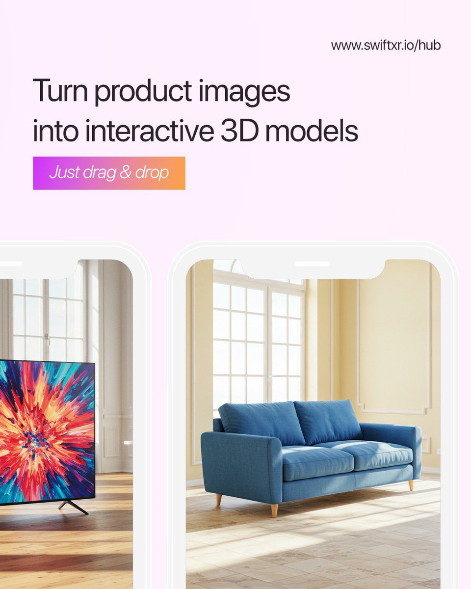 swiftxr_io's tweet image. Transform Your Vision into Reality with SwiftXR: See your products come to life in your space through the power of Augmented Reality. Take it a step further. Turn product images into interactive 3D models. Create, explore, and visualize—right where you are.

#swiftxr #ar #vr