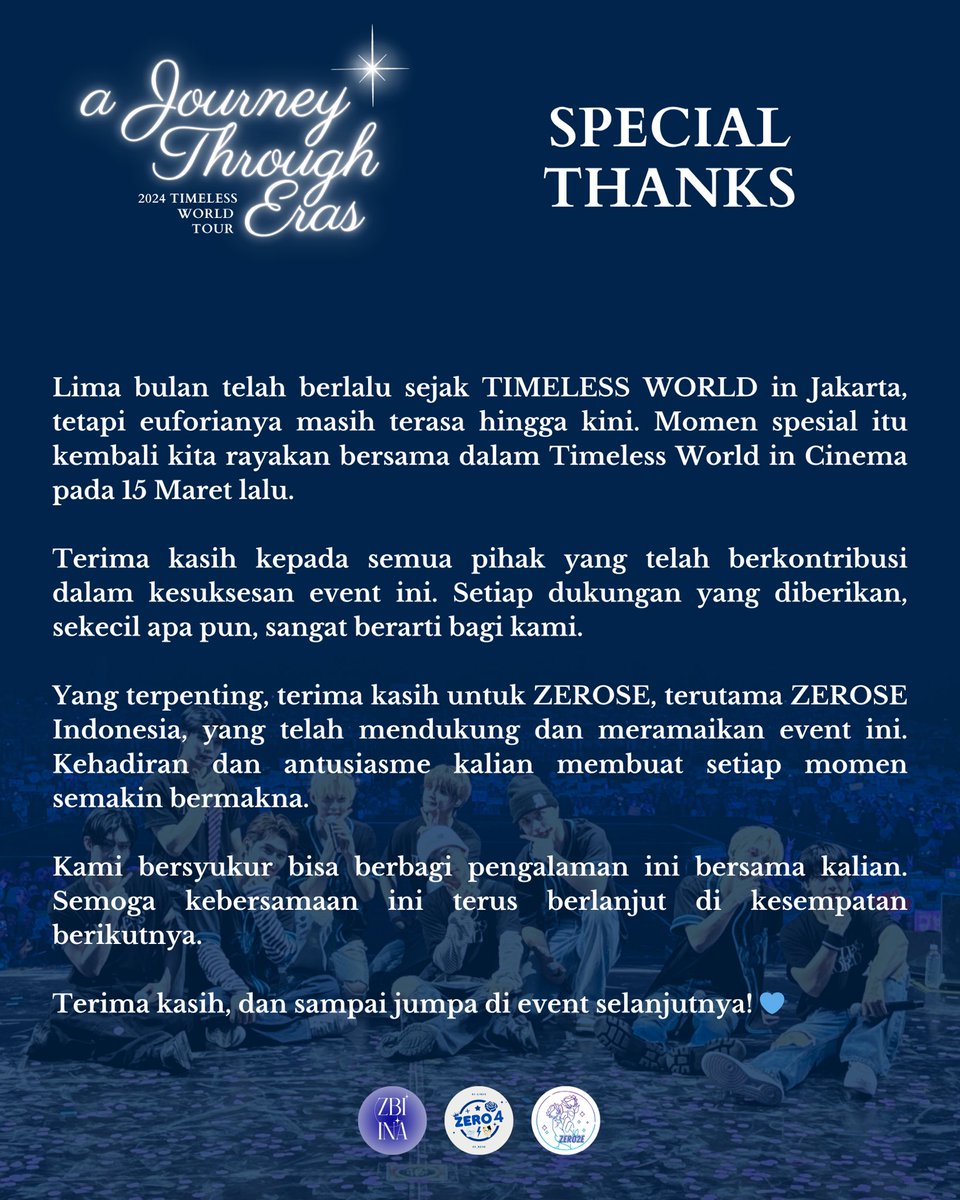 ZEROBASEONE_INA's tweet image. [SPECIAL THANKS]

Event telah berakhir, dan kini saatnya kami mengucapkan terima kasih kepada semua pihak yang terlibat. Terutama untuk partner event kami, @zero4se dan @ZER0_2E, yang telah bekerja sama dan mendampingi kami dari awal hingga akhir.

See you in the next event! ✨