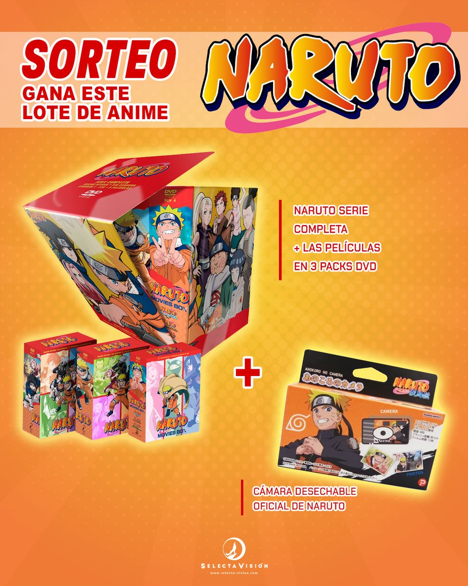 SelectaVision's tweet image. ‼️#SORTEO de Anime para verdaderos ninjas 🍥🥷

Consigue ✨ la serie completa de #NARUTO de Selectavision 📀 ¡Incluye toda la serie en 3 packs DVD y las películas con doblaje castellano y también en versión original! ➕ La cámara de fotos desechable oficial de Naruto 📸, ¡Traída…
