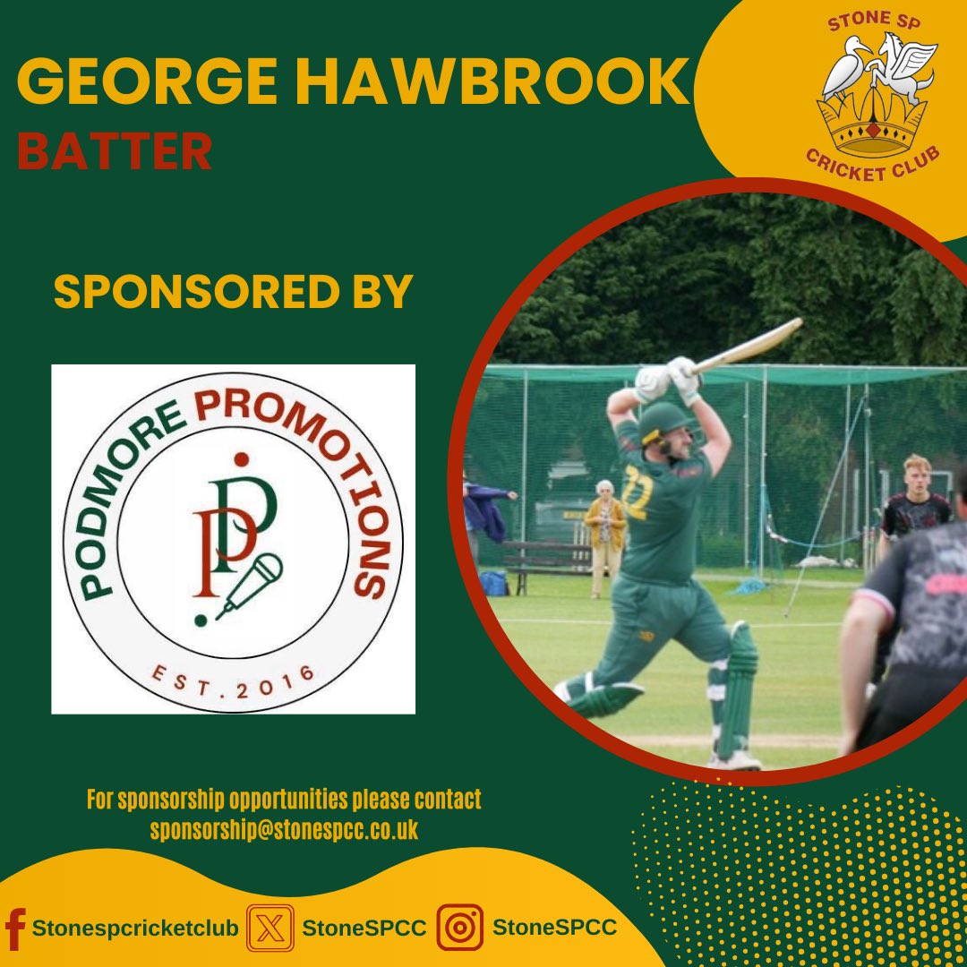 Podmore Promotions are back again in 2025 sponsoring George Hawbrook for the upcoming season. 

Once again thank you to Poddy for your sponsorship. We look forward to the next event at HQ 🏏