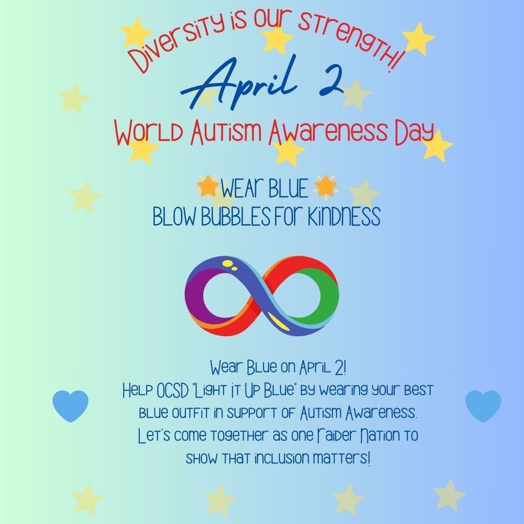 ocprimaryschool's tweet photo. Wear BLUE on Wednesday, April 2nd to help OCSD "Light it up Blue" in support of World Autism Awareness Day. Let's come together as one Raider Nation to show that inclusion matters! https://t.co/fVfdU70Y3F