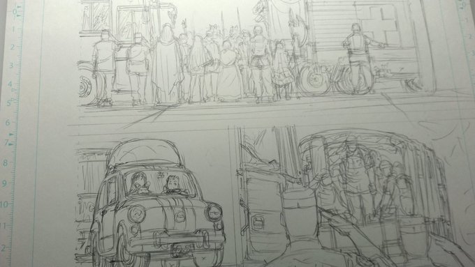 人人人々車車車戦車…下描きが遅々として進まない 