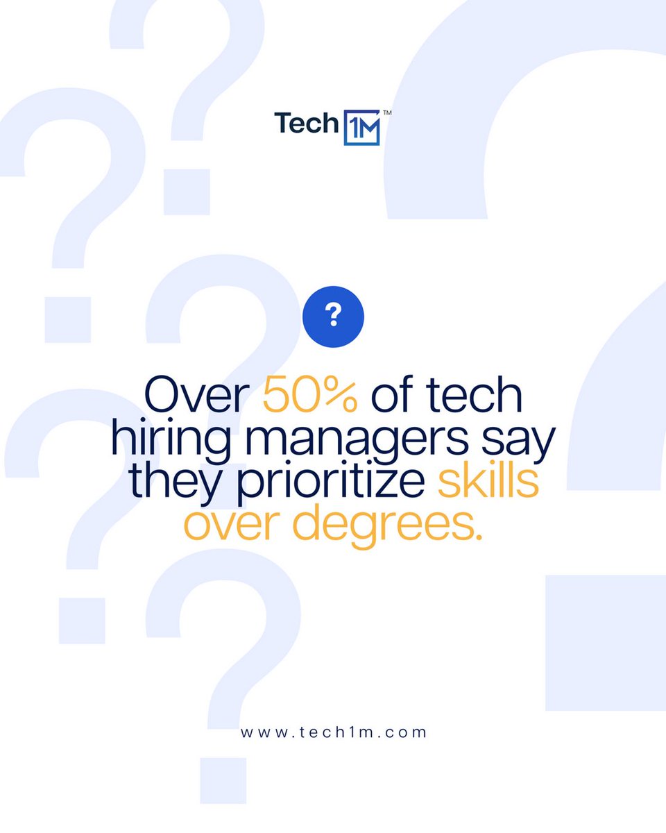 Got no degree? No problem. Hiring managers are more concerned about your skills than your degree. Build, learn, and show your work. 

#Tech1M #TechHiring #SkillsOverDegrees